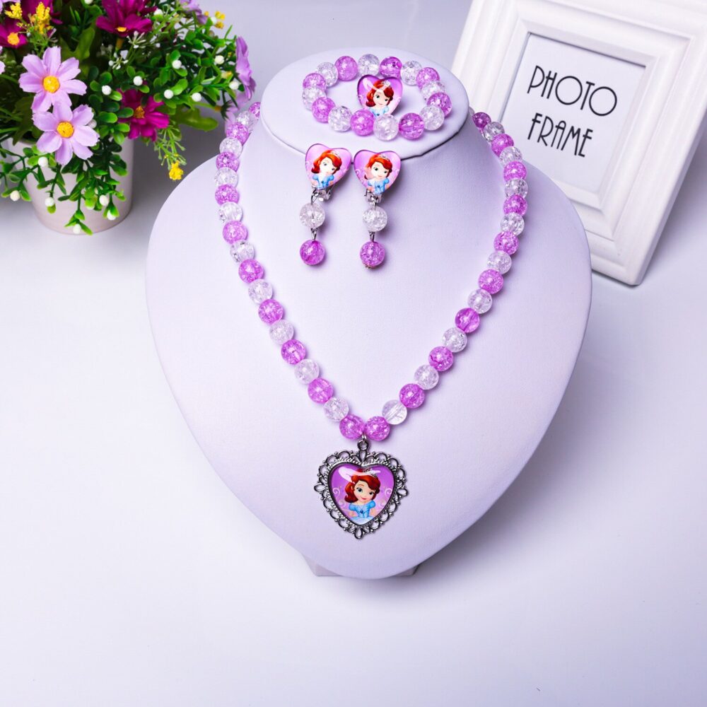 4-piece Princess Sofia jewelry set for girls in pink and white beads