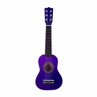 6-string children's wooden guitar, purple on white background