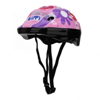 Adjustable foam bicycle helmet for children in purple with flowers on a white background