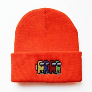 Among us knitted hat for orange children on white background