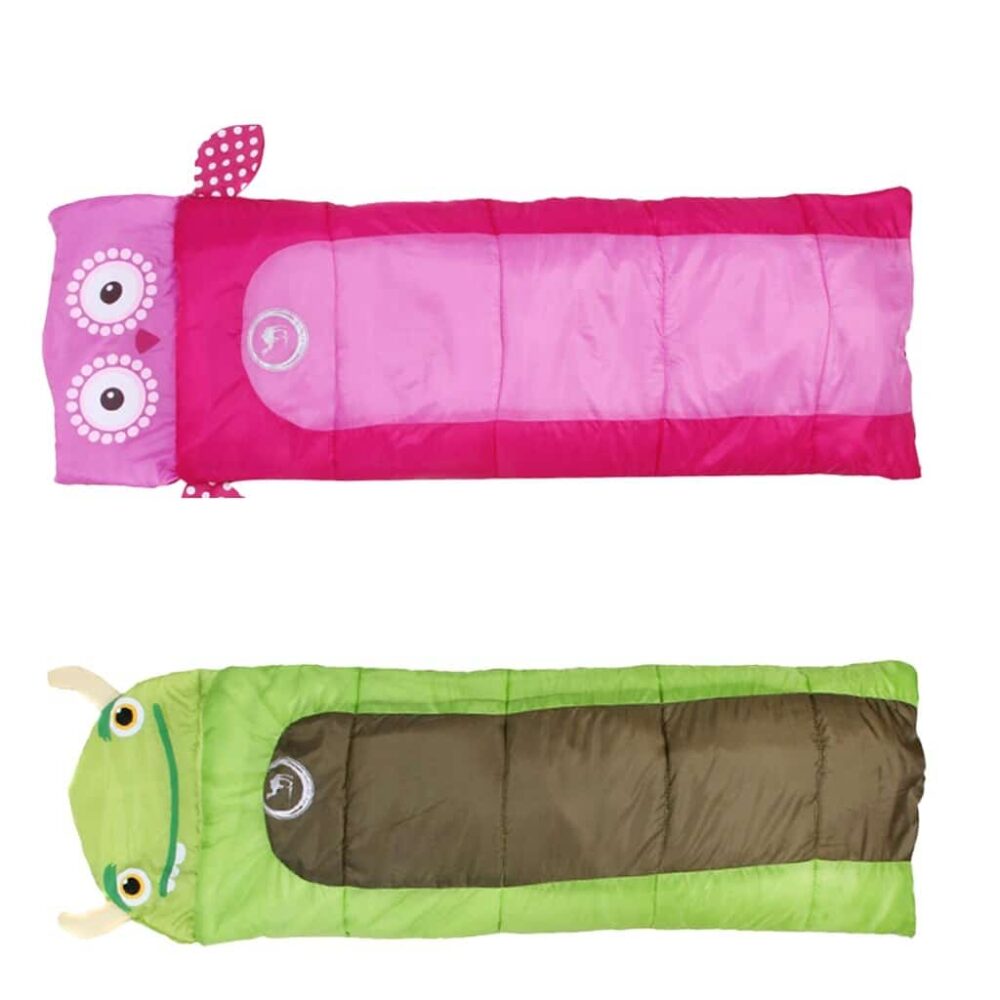 Animal-shaped sleeping bag for children in pink and green with white background