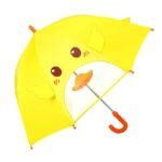 Animal-shaped umbrella with transparent yellow window with brown eyes, and red handle with white background