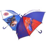 Anti-pinch umbrella with cartoon motif for children in blue, red and purple with white background