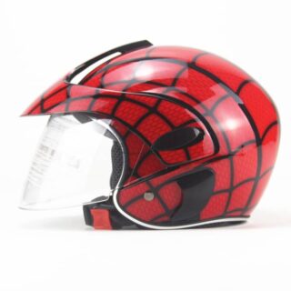 Children's helmet with front visor. The helmet has a red spider-web motif to recall Spiderman. The helmet has a clip on the bottom to secure the helmet.