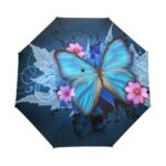 Children's blue butterfly umbrella with pink flowers and white background