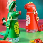 450 ml children's water bottle with dinosaur straw in green and red with shoulder strap