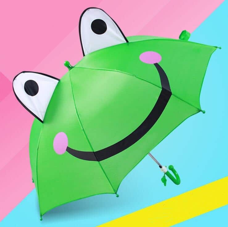 Children's frog umbrella with white eyes, black mouth and pink and blue background