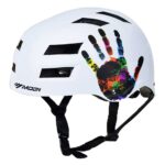 White children's sports helmet with colorful hand motif and white background