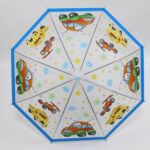 Children's umbrella with white cartoon print with blue bodices and white background