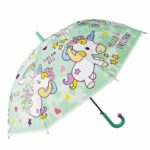 Children's umbrella with green unicorn design on white background