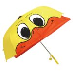 Duck-shaped umbrella with yellow and orange whistle on white background