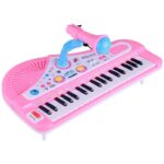 Pink and blue electronic piano with microphone for children