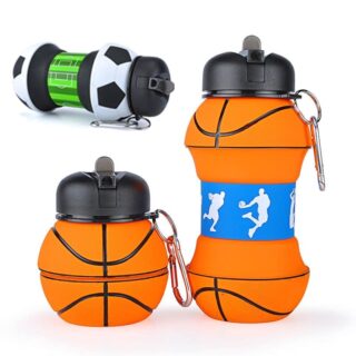 Foldable 550 ml balloon-shaped water bottle with white background and key ring