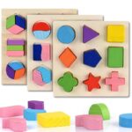 Colorful geometric wooden puzzle on white background