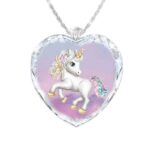 Girl necklace with pink and silver crystal unicorn pendant