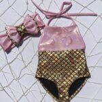 Girl's swimsuit set with bow, serene style, gold and pink