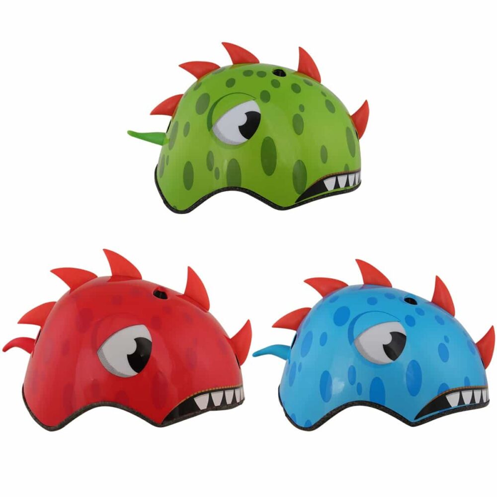 High-density helmet in the shape of a red, green and blue dinosaur with white background