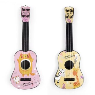 Mini 4-string guitar with beige and pink cartoon print on white background