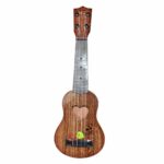 Mini 4-string guitar with brown heart motif on white background