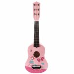 Mini wooden guitar with 6 pink strings on a white background