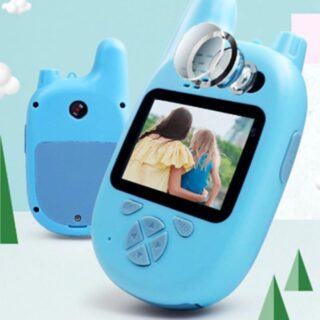 Mini walkie-talkie with camera for kids blue on blue cloud background