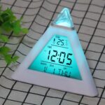 White pyramid-shaped digital alarm clock with turquoise light