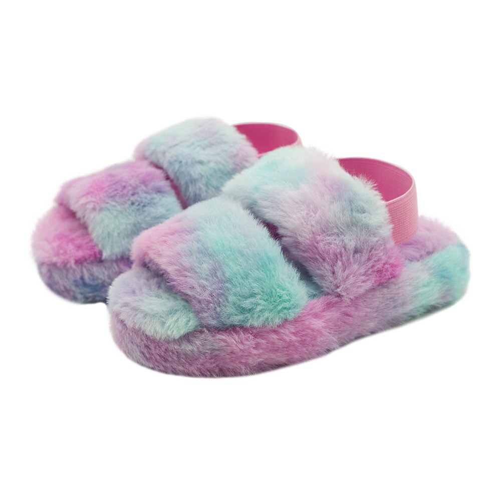 Rainbow-colored plush winter slipper with white background
