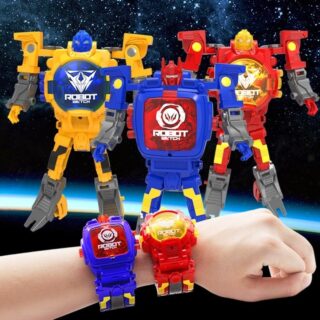 Robot deformation watchband on one hand, with universe-style black background