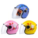 Safety helmet with transparent visor featuring mouse motif in yellow, pink and blue with white background