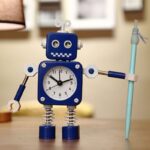 Little robot alarm clock for kids with blue pen