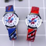 Children's watch with needle dial. Both watches feature a Spiderman bracelet and the Spiderman character in the middle of the dial. The watch numbers are clearly legible for easy reading.