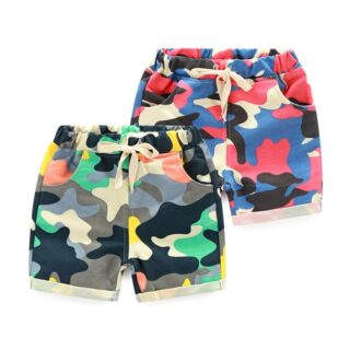 Summer shorts for kids with colorful camouflage pattern and white background