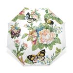 Three-fold butterfly umbrella for children with colorful flowers and butterflies on a white background