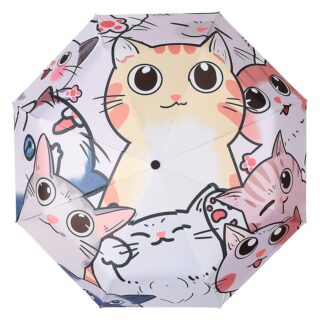 Three-fold umbrella with cat motif on white background