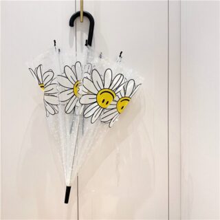 Transparent floral umbrella with black handle on white background