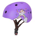 Ultra-lightweight bicycle helmet with purple cartoon motif on white background