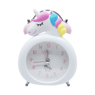 White children's unicorn alarm clock with colorful unicorn