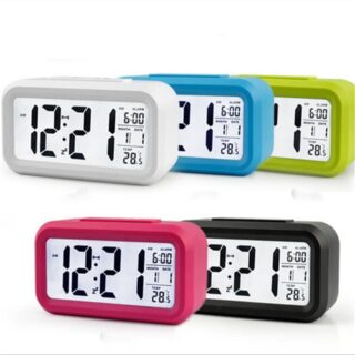 Plastic digital alarm clock for children in white, blue, green, pink and black