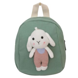 Green binder with white plush rabbit and pink pants