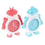 Red and turquoise plastic robot alarm clock for kids