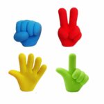 4 rubber erasers in the shape of yellow, green, blue and red finger gestures on a white background