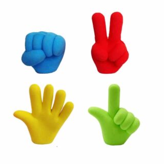 4 rubber erasers in the shape of yellow, green, blue and red finger gestures on a white background