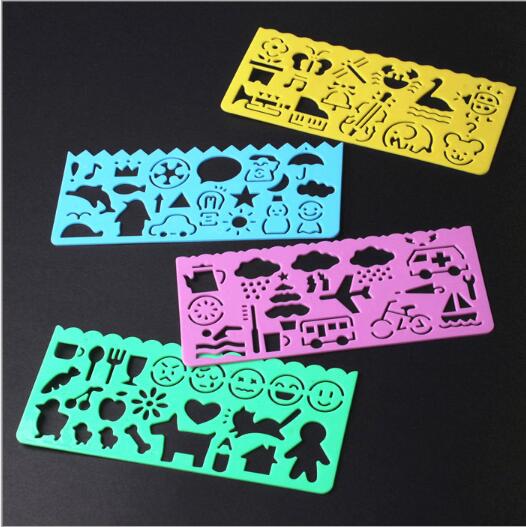 4 creative plastic rulers with shapes in yellow, blue, pink and green on a black background