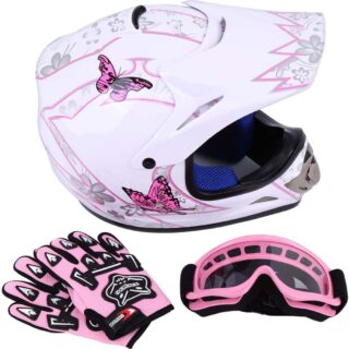 Children's full-face helmet with goggles and gloves in pink on white