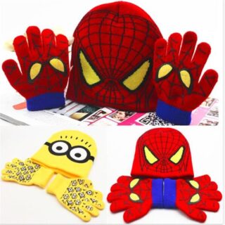 Children's cartoon cap and gloves, red and blue Spiderman and yellow and black Minion