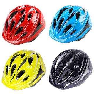 Solid color cycling helmet for children in red, blue, yellow and black on a white background