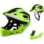 Detachable safety helmet for children in green and black on a white background