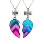 Friendship necklace with turquoise and pink glitter heart pendant with best friends lettering