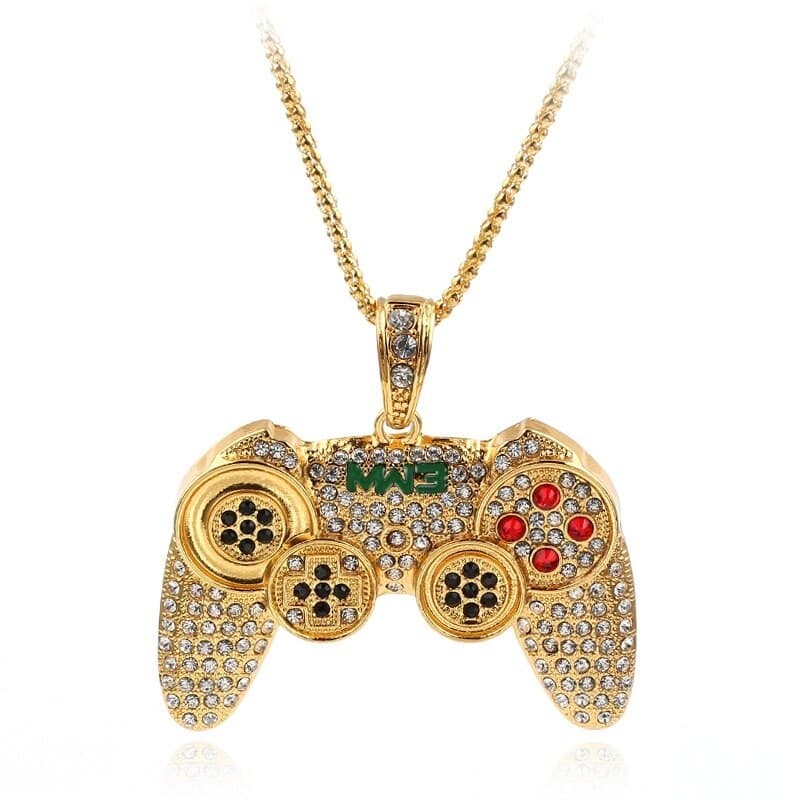 Children's necklace with gold joystick pendant with buttons in black and red, with diamonds and gold chain