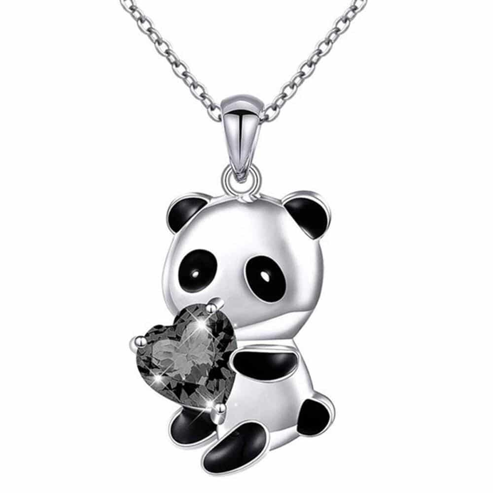Children's necklace with black and silver panda pendant with black diamond heart and silver chain